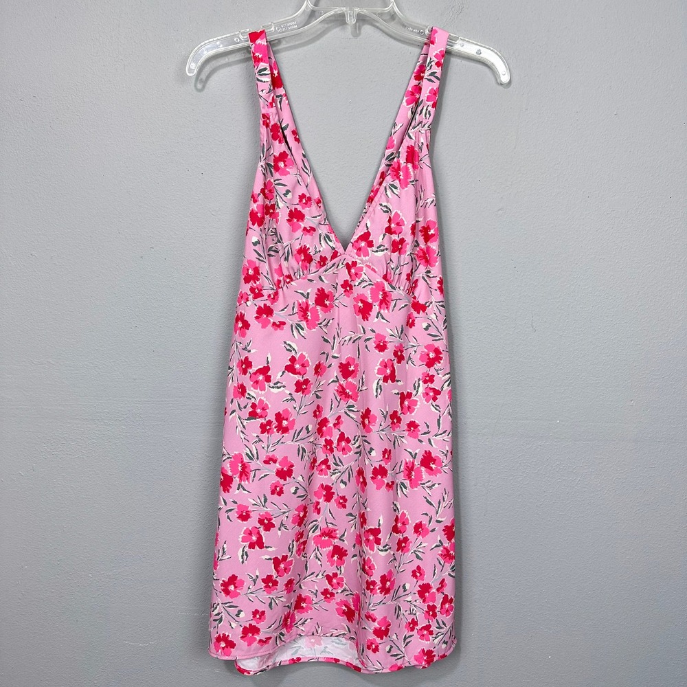 SKATIE Swim Coverup Dress Women Size M Pink Floral Open Tie Back V-Neck Mini